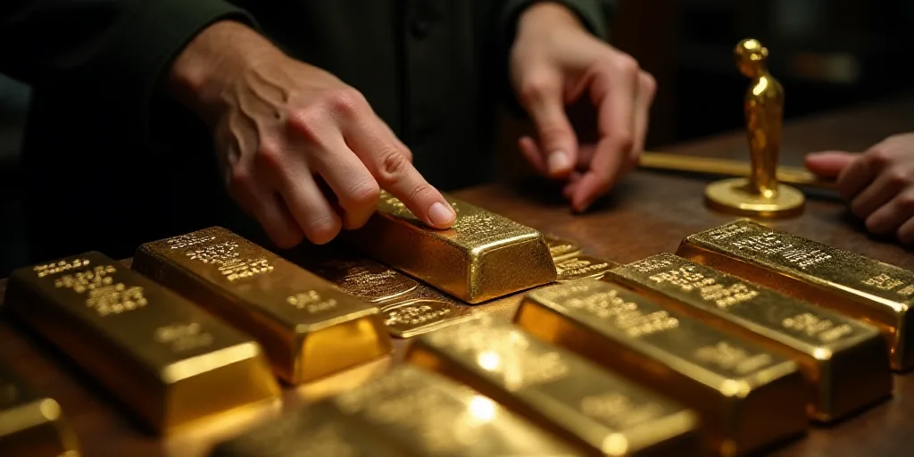 a person is touching a bunch of gold bars on a table with other gold bars on it and a person is hold