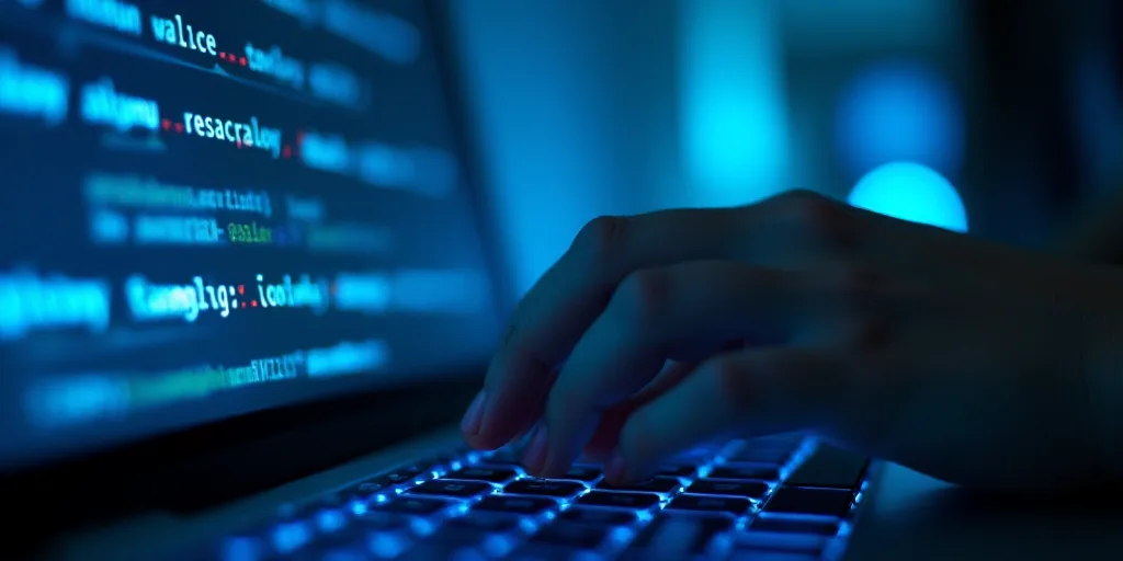 a person is typing on a keyboard with a blue background and a blue light behind them that says artif