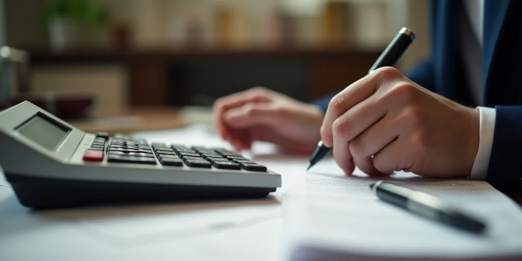 a person is using a calculator and a calculator on a desk with papers and a pen, Evelyn Abelson, dep