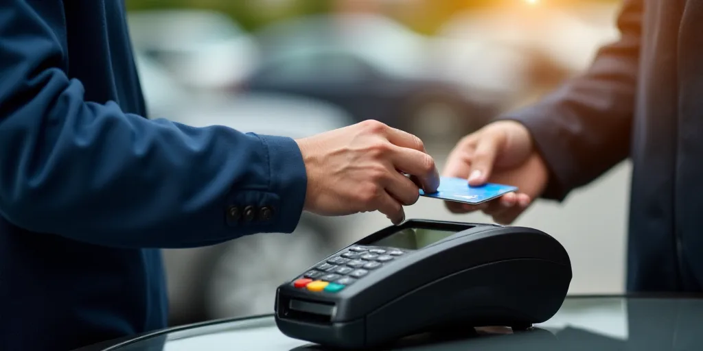 a person is using a credit card machine to pay for a ticket or a car purchase or a car, Andries Stoc