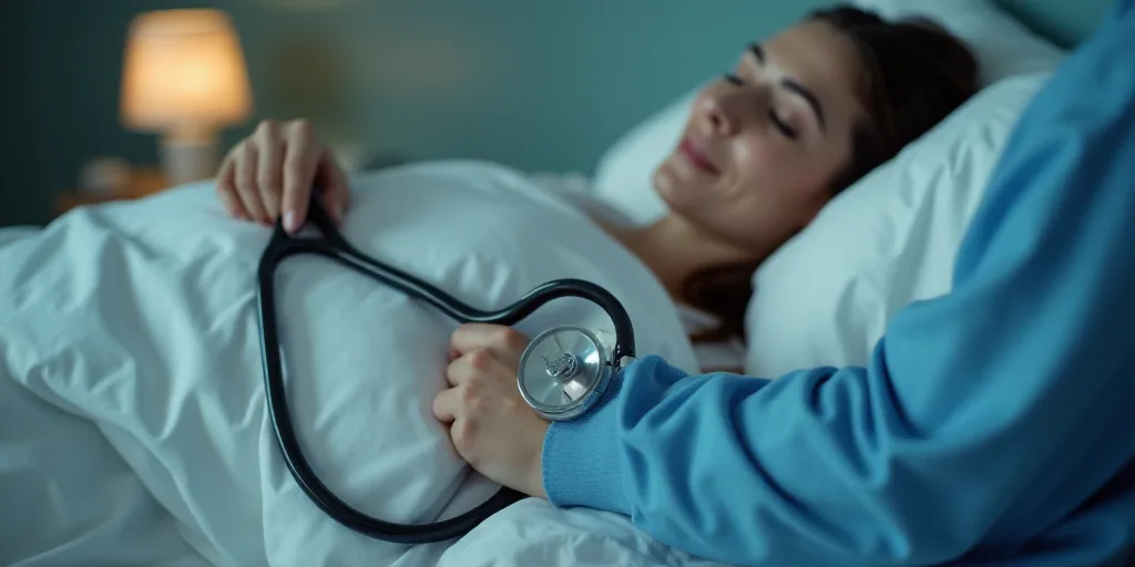a person laying in bed with a stethoscope in their hand and a person laying on the bed, Aquirax Uno,