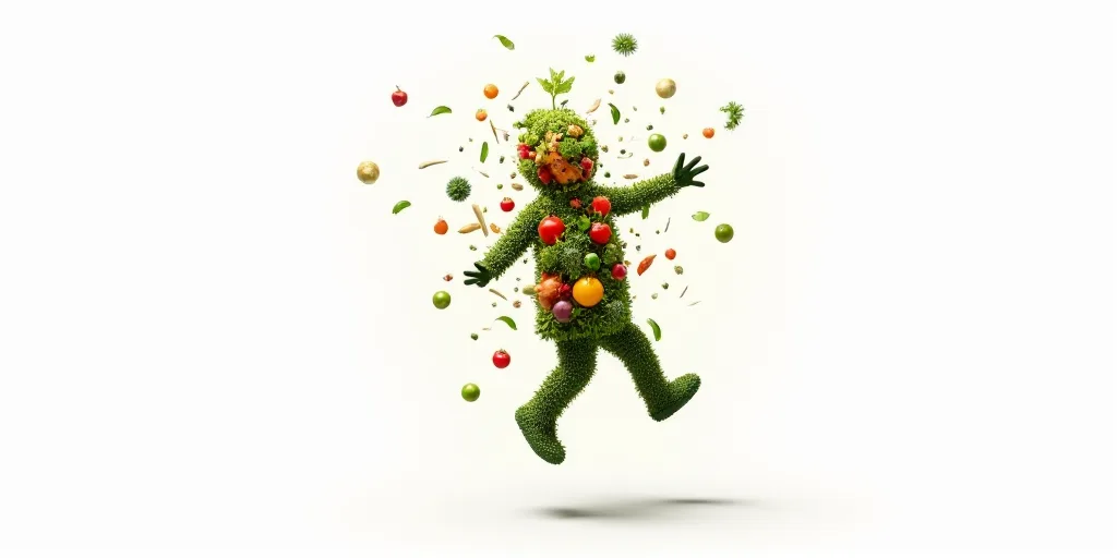 a person made of vegetables and fruits and vegetables falling into the air and falling to the ground