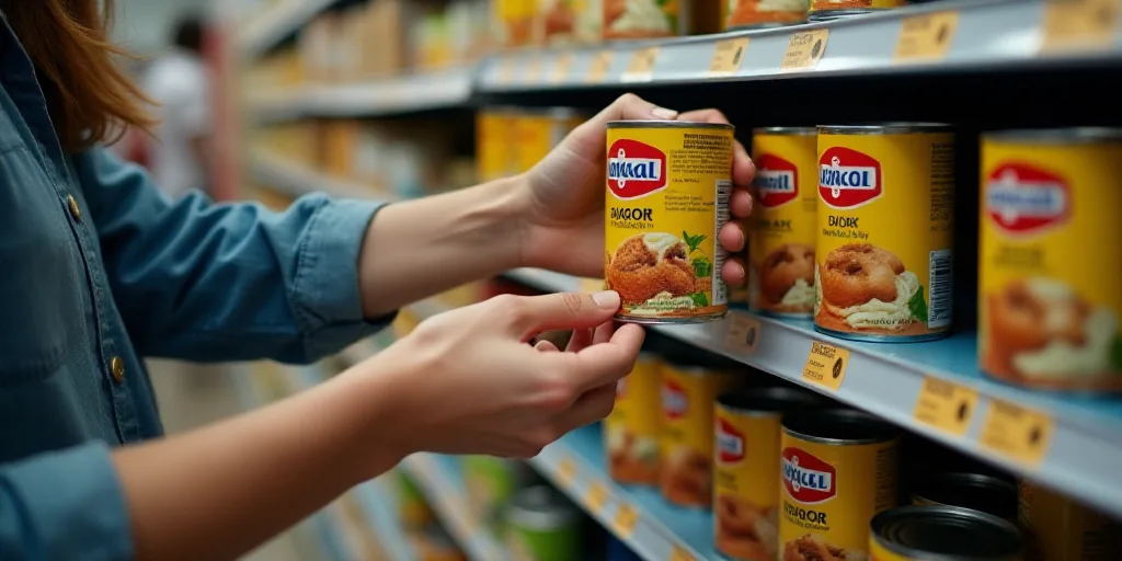 a person picking up canned food from a shelf in a store or store aisle with a hand reaching for a ca