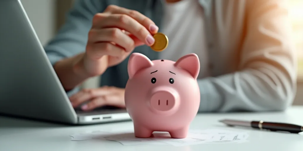 a person putting a coin into a piggy bank on a table with a laptop and a pen in front of them, Andri