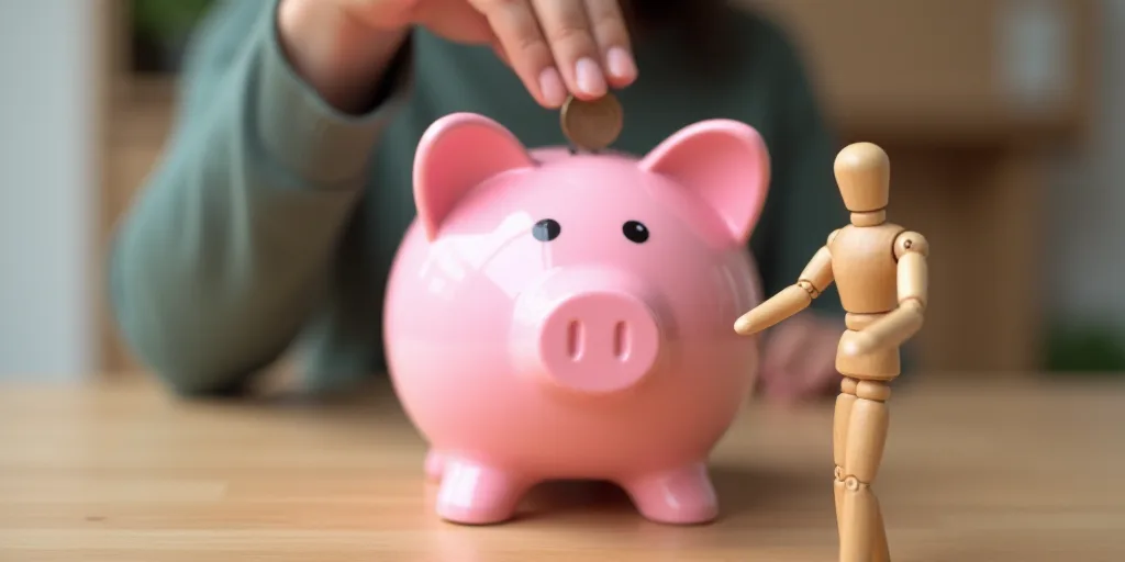 a person putting a coin into a pink piggy bank with a percentage sign on it and a wooden figure, An
