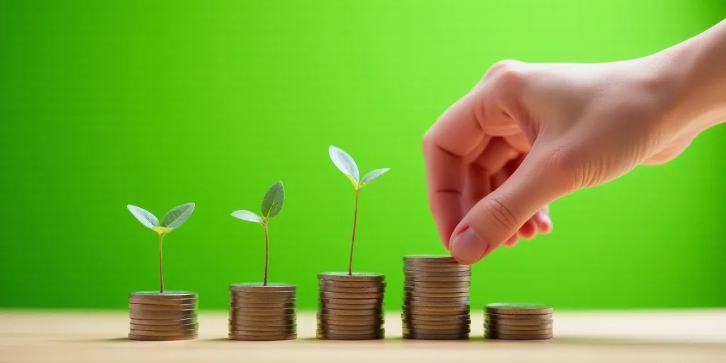 a person putting coins in a row with a plant growing out of them on top of them, with a green backgr