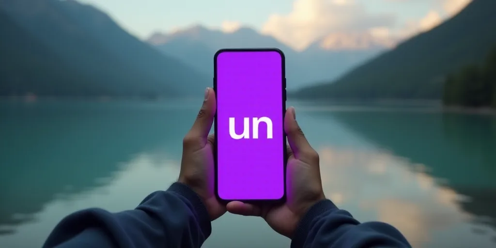 a person sitting on a bench holding a purple cell phone with the word un on it in front of a lake, A