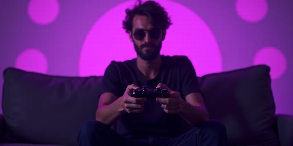 a person sitting on a couch holding a game controller in their hands and a purple background with ci