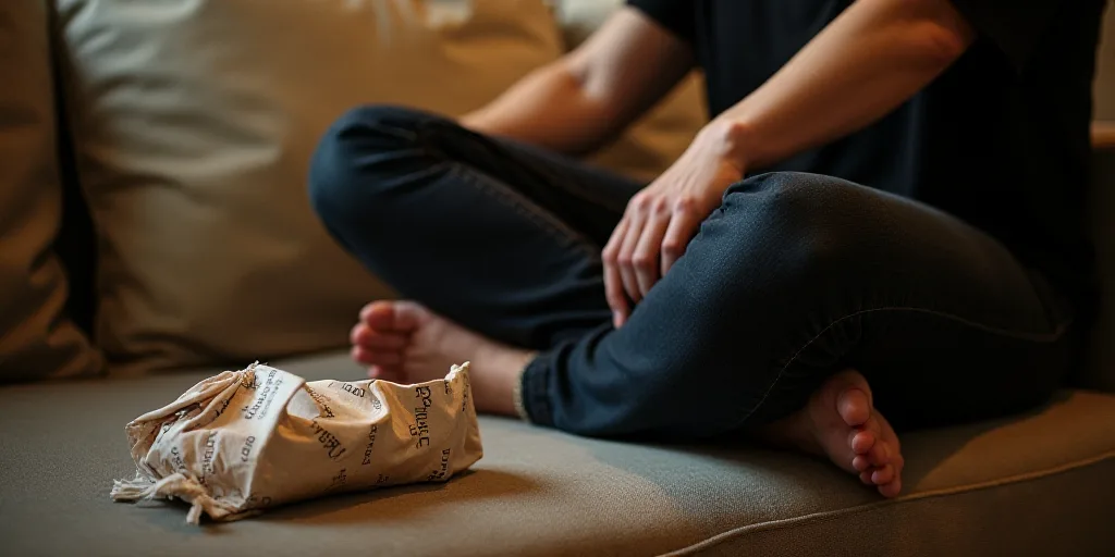 a person sitting on a couch with a bag of items in front of them and a bag of tickets, Bettina Heine