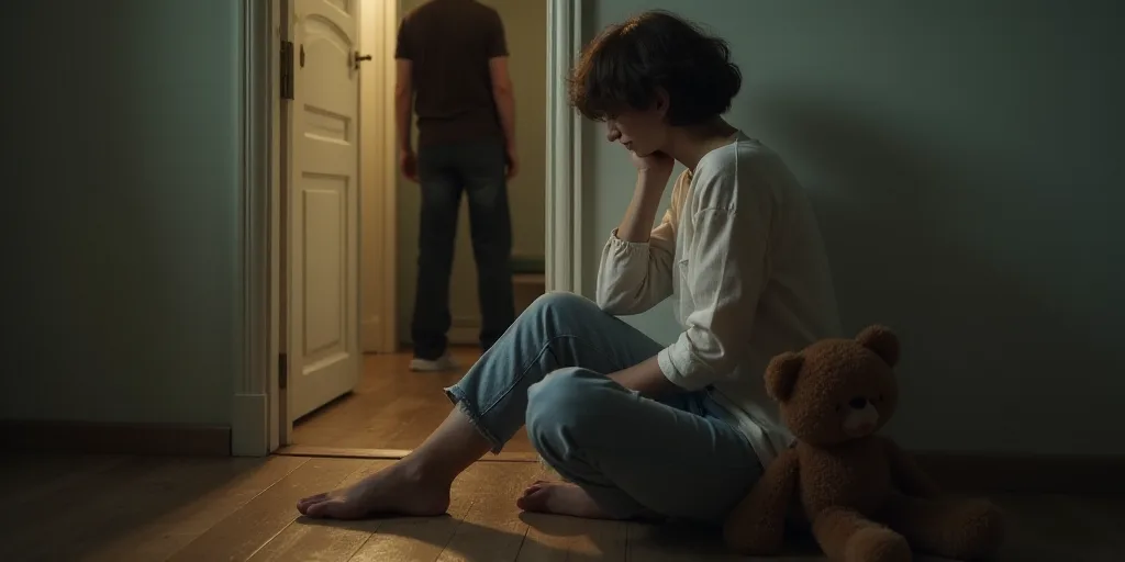 a person sitting on the floor with a stuffed animal next to them and a door behind them with a perso