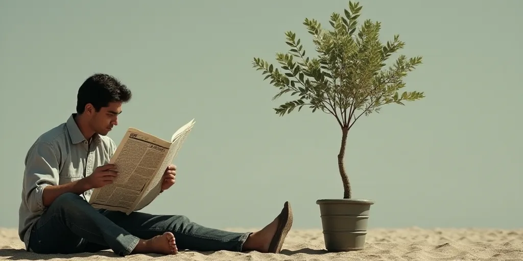 a person sitting on the ground reading a newspaper with a plant in the middle of the image and the w