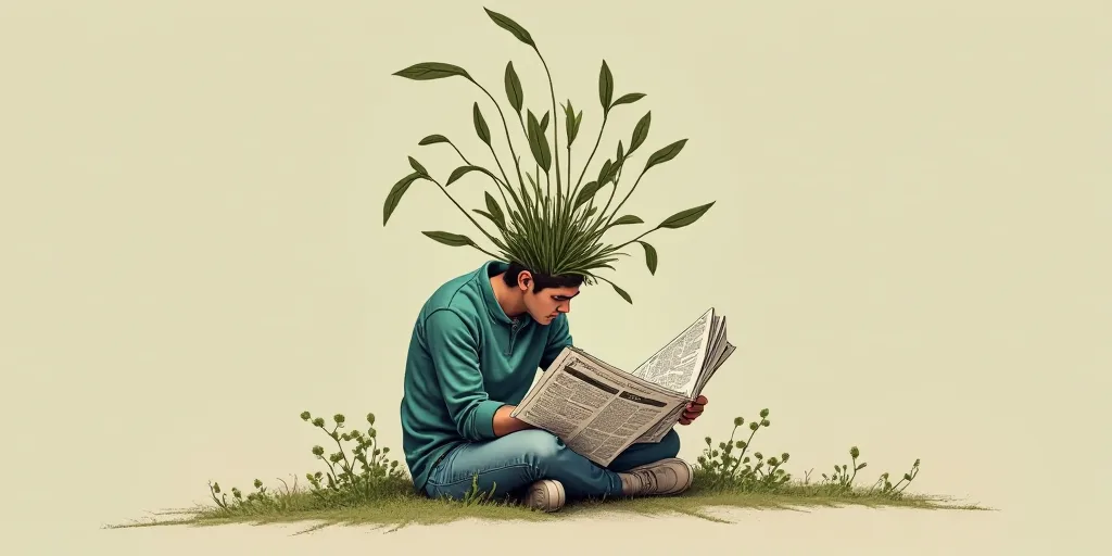 a person sitting on the ground reading a newspaper with a plant in it's head and the words, la que t