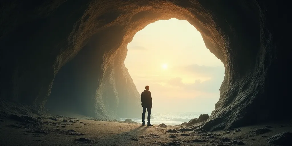 a person standing in a cave with a bright light coming from the ceiling of it's cave entrance, Carol
