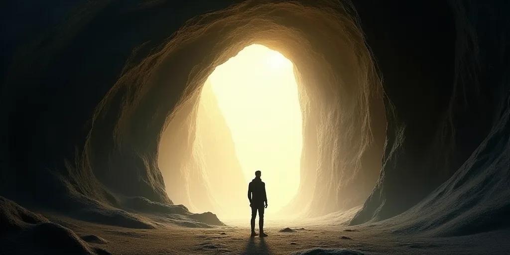 a person standing in a cave with a bright light coming from the ceiling of it's cave entrance, Carol