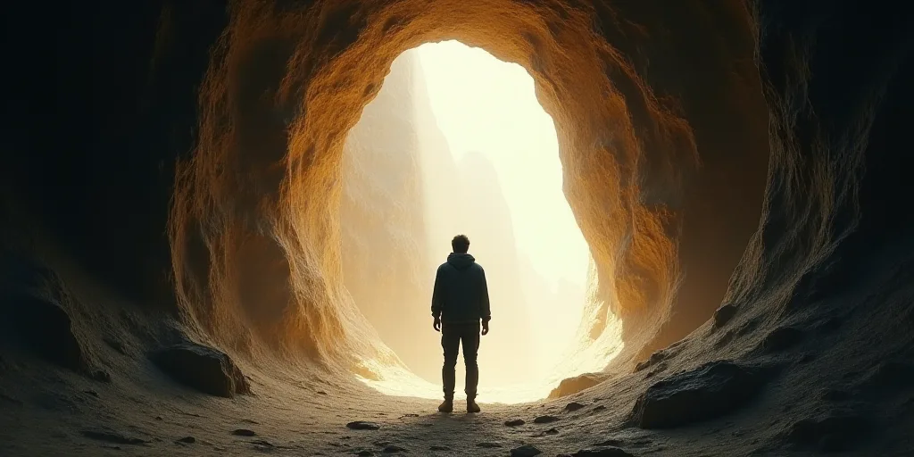 a person standing in a cave with a bright light coming from the ceiling of it's cave entrance, Carol