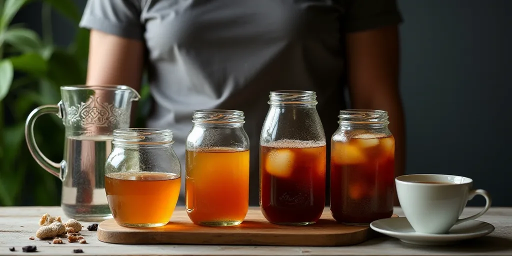a person standing next to a table with jars of drinks on it and a pitcher of water and a cup of tea,
