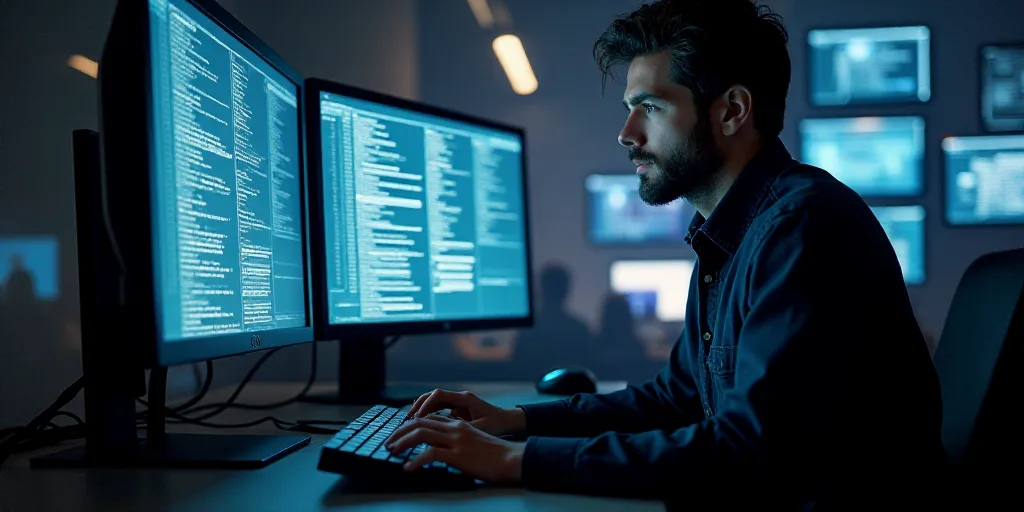 a person typing on a keyboard in front of two monitors with screens behind them that are displaying
