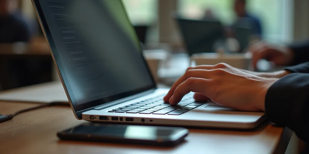a person typing on a laptop computer on a desk with a phone and a mouse on it, with a laptop and a p