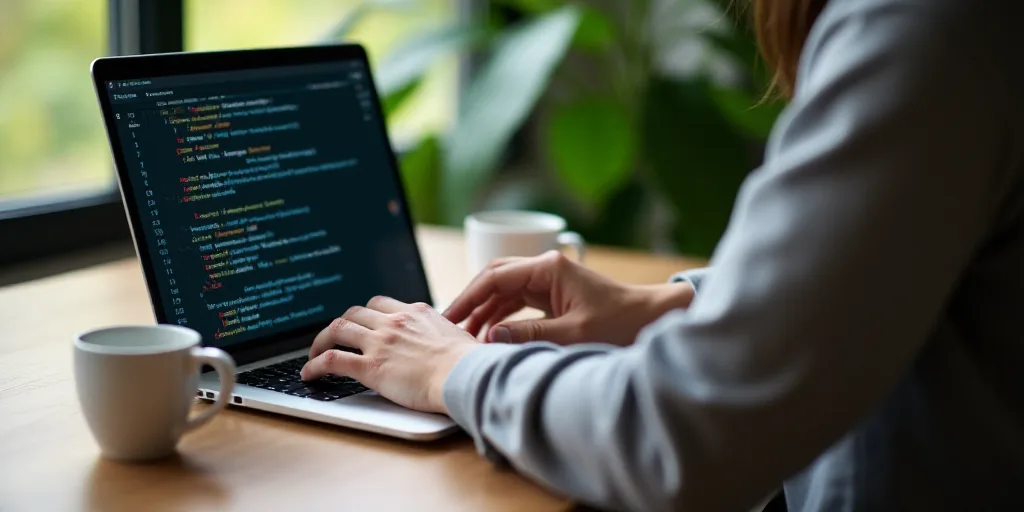 a person typing on a laptop computer on a wooden table with a cup of coffee and a plant in the backg