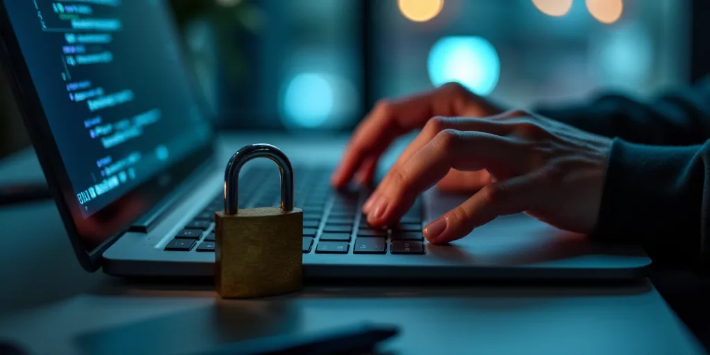a person typing on a laptop with a padlock on it's keyboard and a hand touching the keyboard, Andrie