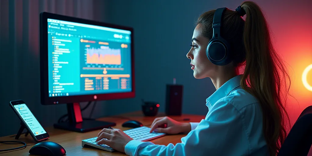 a person wearing headphones and using a computer keyboard with a headset on top of it, with a mouse