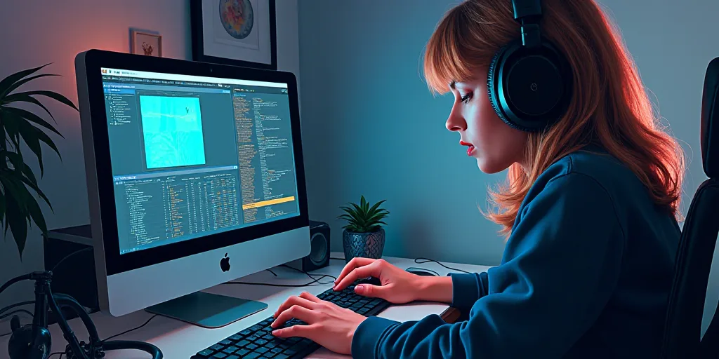 a person wearing headphones and using a computer keyboard with a headset on top of it, with a mouse