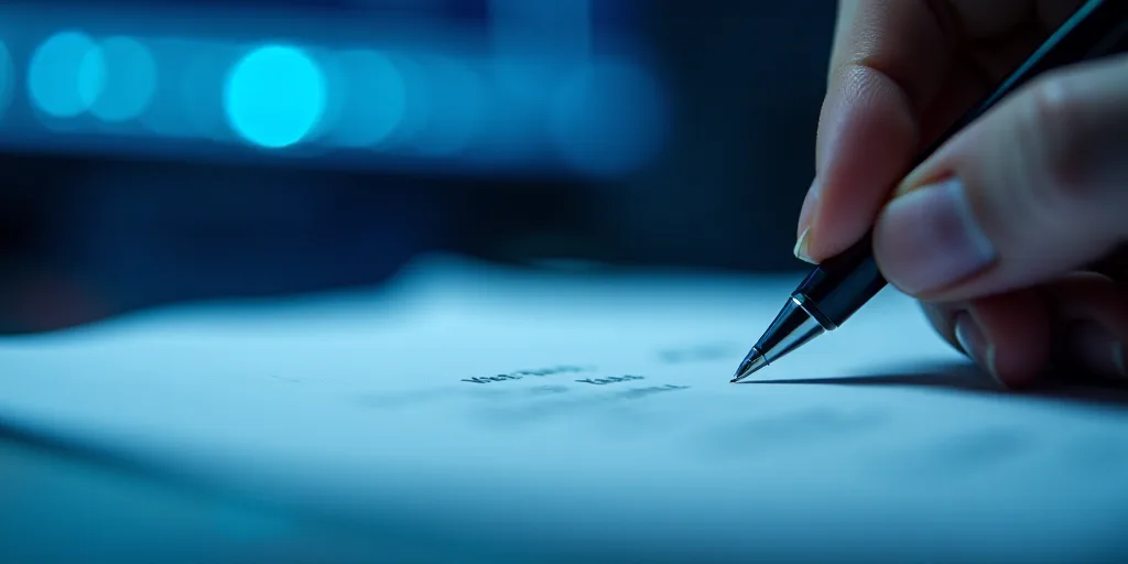 a person writing on a piece of paper with a pen in it and a blue background with a line of light, Ed