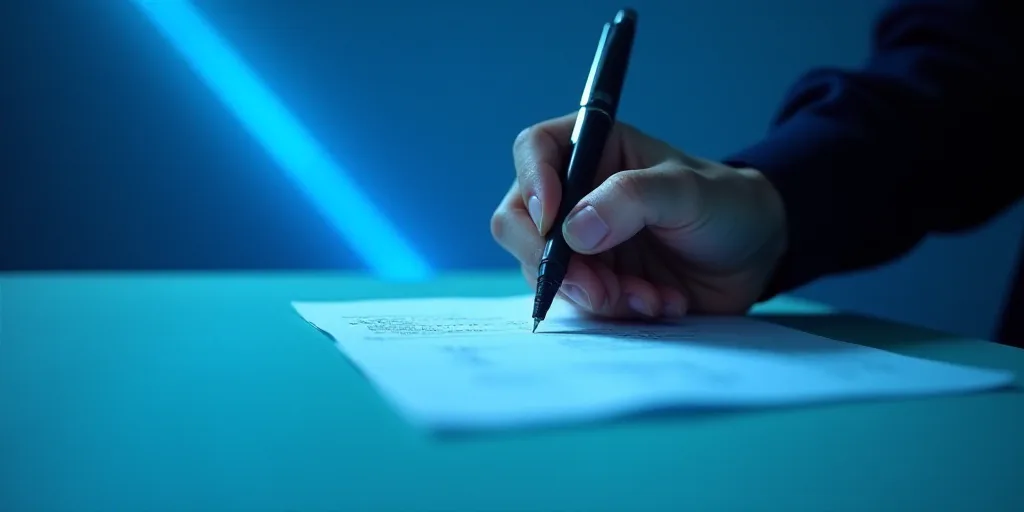 a person writing on a piece of paper with a pen in it and a blue background with a line of light, Ed