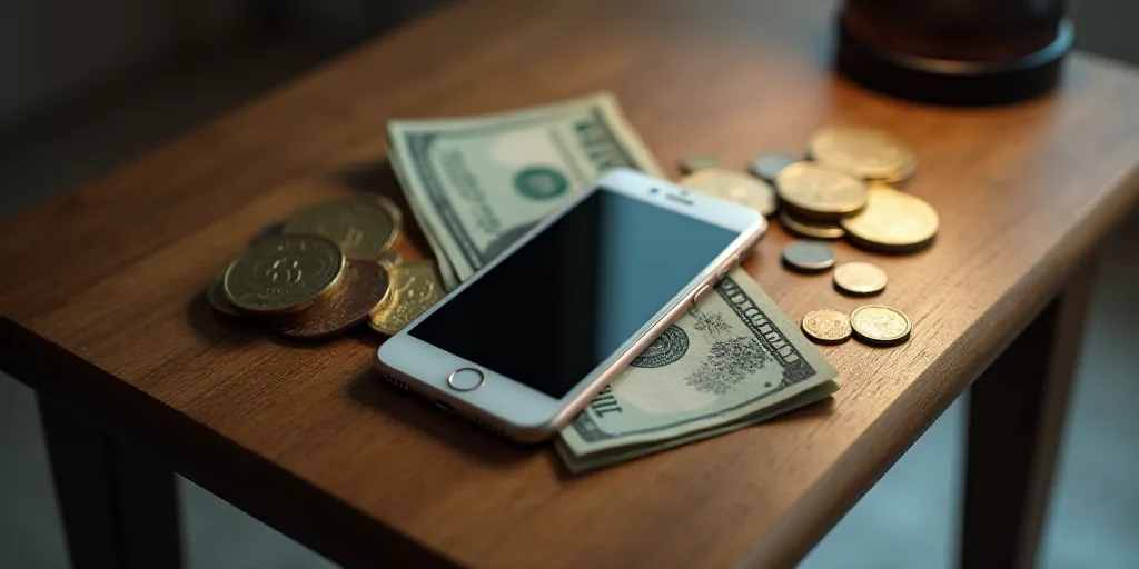 a phone and some money on a table with a phone on it and a bunch of coins on the table, Andries Stoc