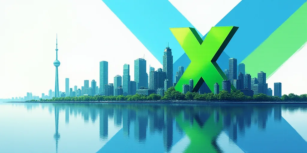 a picture of a city with a green x logo on it and a blue and white background with arrows, Dai Xi, r