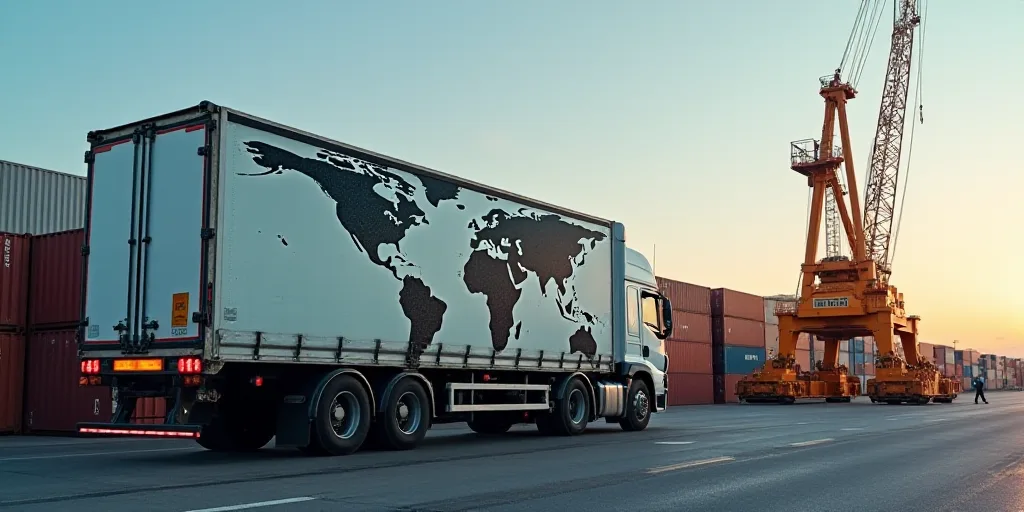 a picture of a truck and a crane with a world map on it and shipping containers in the background, A