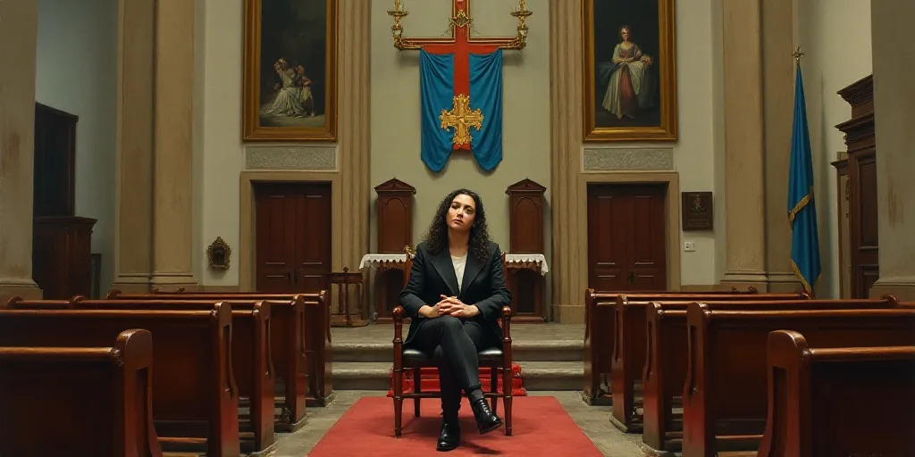 a picture of a woman in a suit on a chair in a church with a flag on it and a picture of a woman in