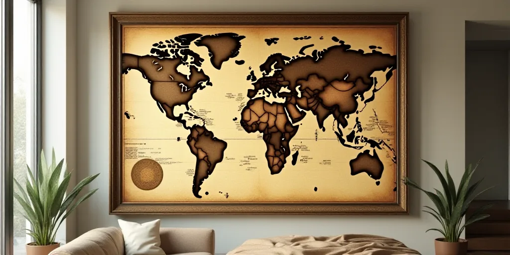 a picture of a world map on a wall with a circular design on it's side and a gold frame, David Firth