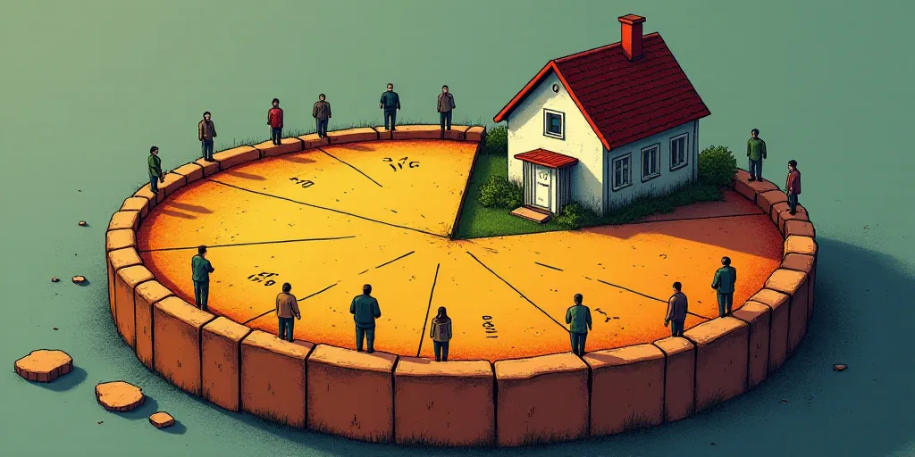 a pie chart with a house in the center and numbers of people in the pie on it, and a line of numbers