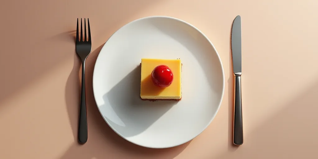 a piece of cake on a plate on a table top view from above, with a fork and knife, Christian Hilfgott