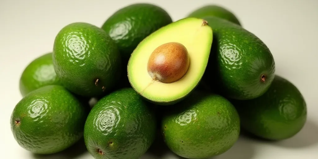 a pile of avocados with one cut in half and one whole in the middle of the pile, Aya Goda, olive ski