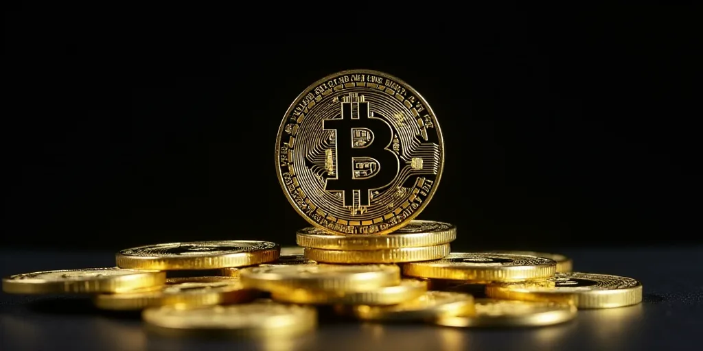 a pile of bitcoins sitting on top of each other in front of a black background with a bitcoin symbol