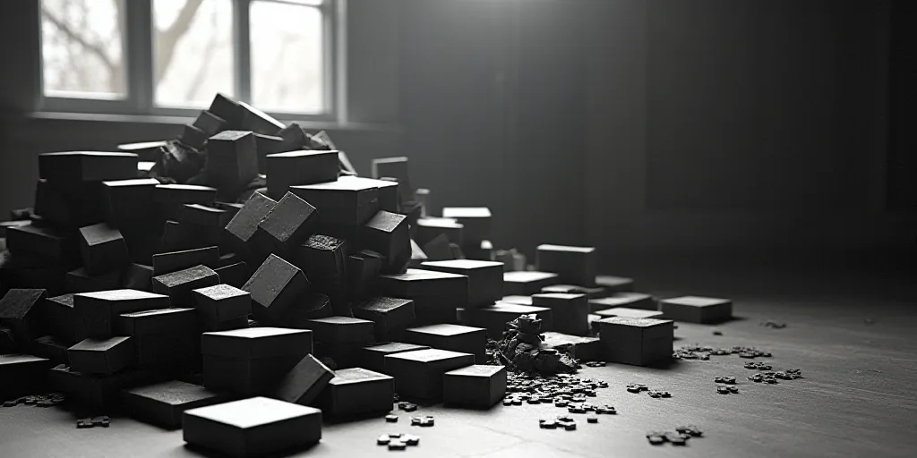a pile of black and white boxes on the floor in a room with a window and a door in the background, C