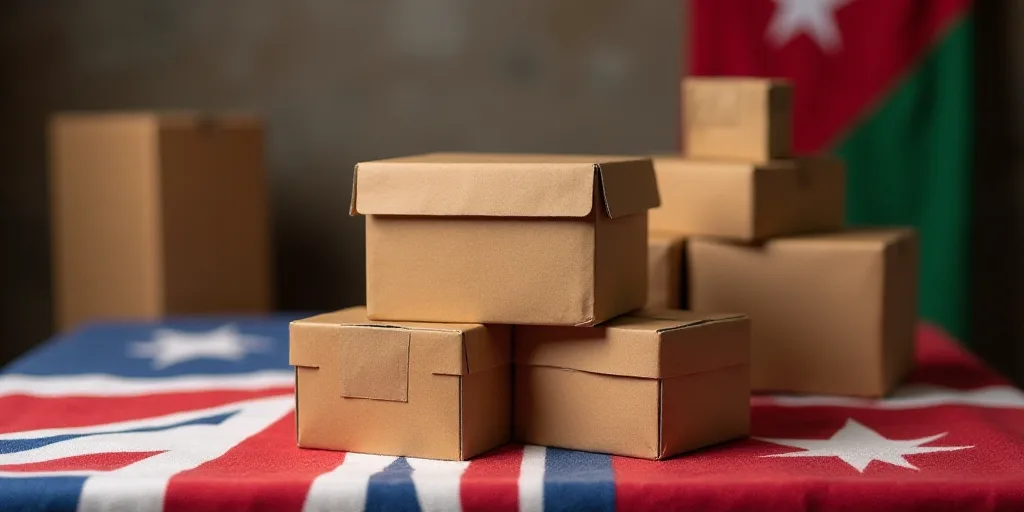 a pile of boxes sitting on top of a flag covered tablecloth with a flag in the background and a pile