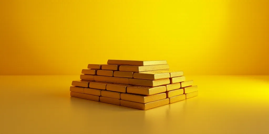 a pile of gold bars sitting on top of each other on a table with a yellow background and a gold bar