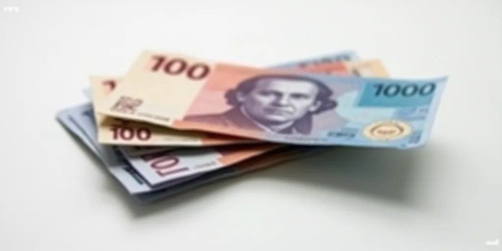 a pile of mexican currency sitting on top of each other on a table top with a white background and a