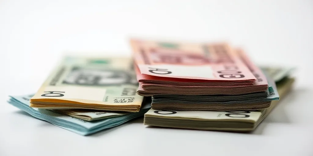 a pile of mexican currency sitting on top of each other on a table top with a white background and a