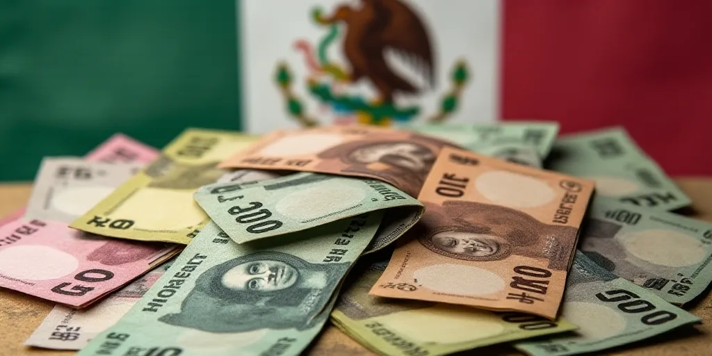 a pile of mexican currency with a lot of money in the background with a lot of mexican currency in t
