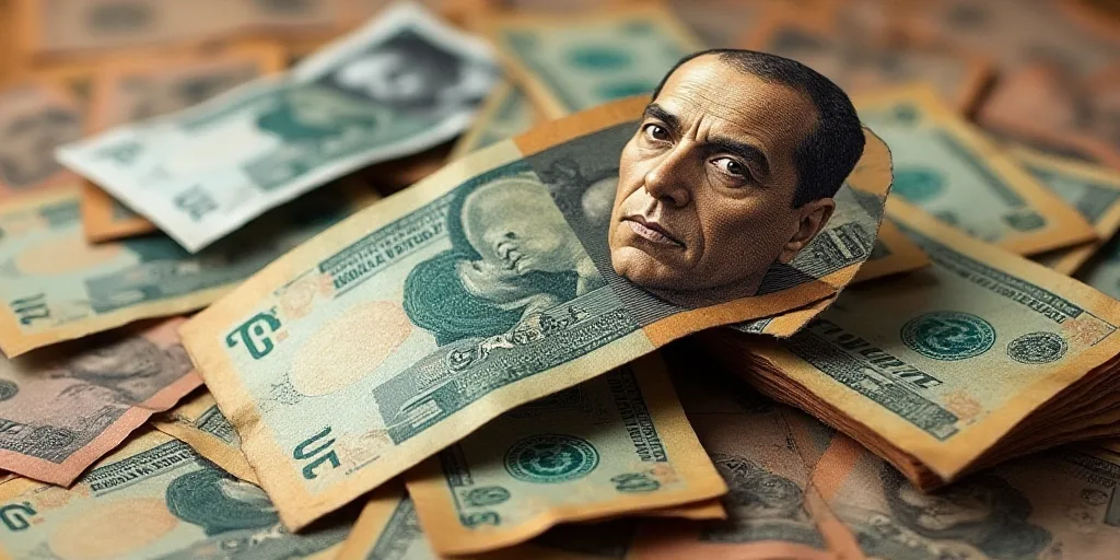 a pile of mexican currency with a man's face on top of it and a few bills in the background, David A