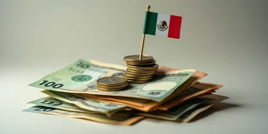 a pile of mexican currency with a flag sticking out of it and a stack of coins on top of it, Aquirax