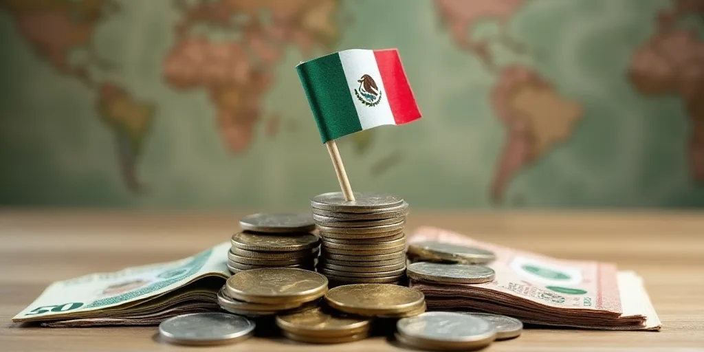 a pile of mexican currency with a flag sticking out of it and a stack of coins on top of it, Aquirax