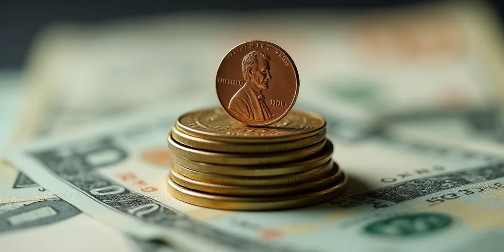 a pile of money with a penny on top of it and a coin on the bottom of the pile, Avgust Černigoj, ma