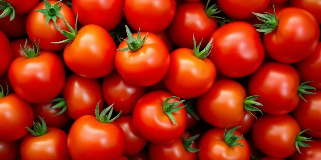 a pile of red tomatoes with green stems on them, all piled together, in a pile, with a green stem on