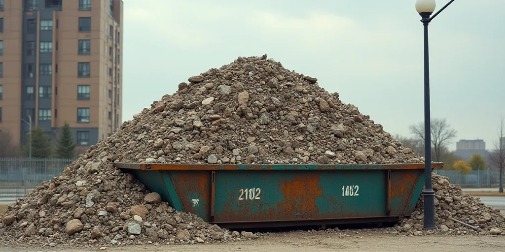 a pile of rubble sitting on top of a dumpster next to a street light and a building in the backgroun