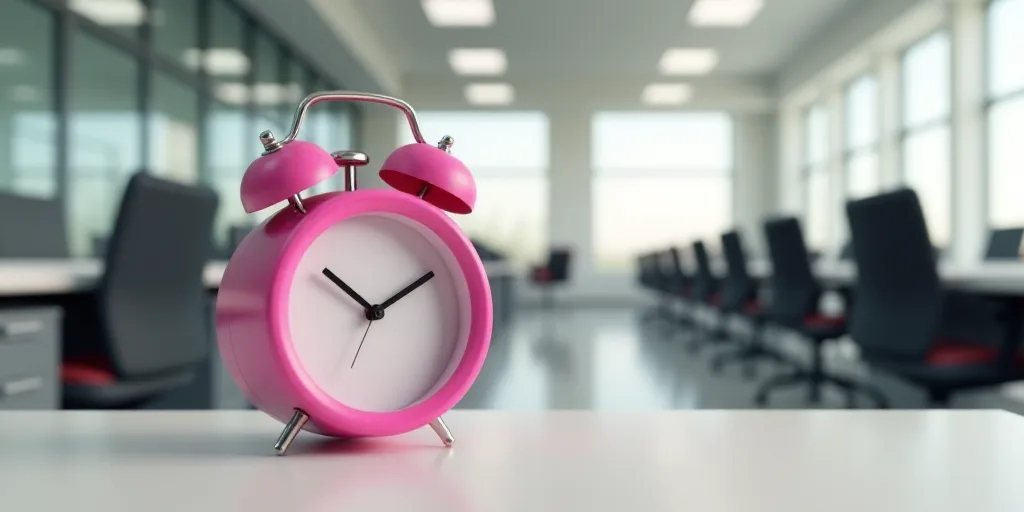a pink alarm clock sitting on top of a table in an office building with desk chairs and desks, Évar